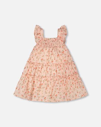 Robe à plusieurs niveaux avec smocks imprimé fleurs roses