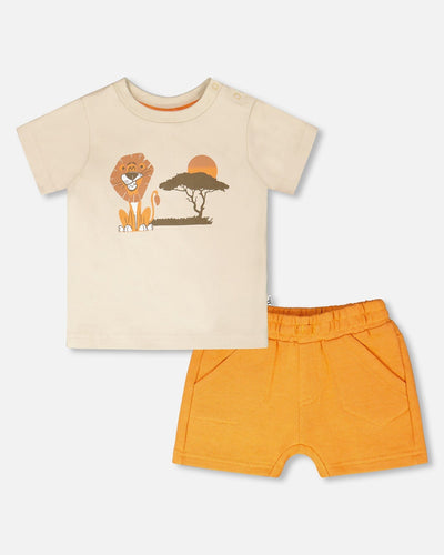 Ensemble t-shirt et short en coton biologique beige et orange