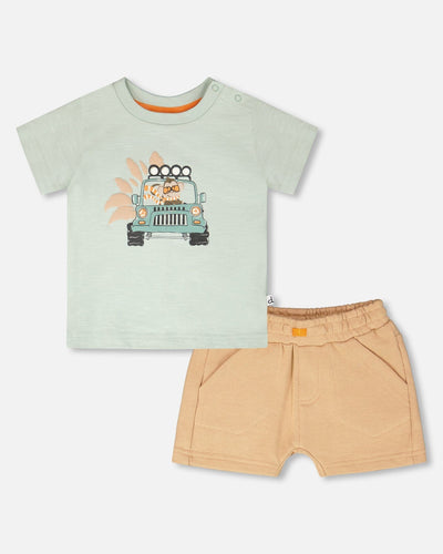 Ensemble T-shirt et short en coton biologique Vert menthe et beige