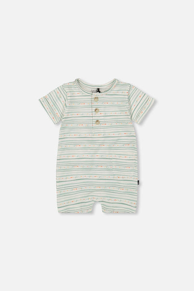 Organic Cotton Romper White Printed Mint Green Lines