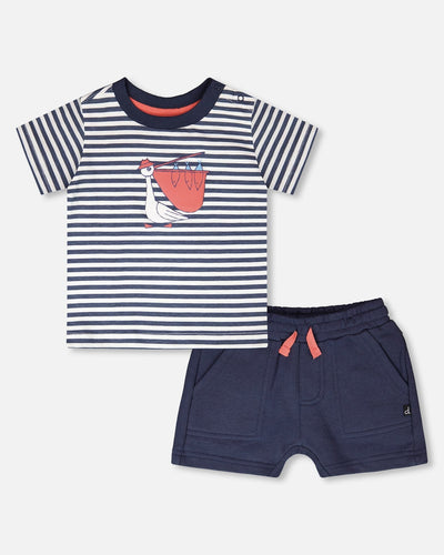 Ensemble t-shirt et short en coton biologique rayures bleues et bleu