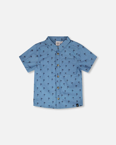 Chemise Chambray Manches Courtes Imprimé Palmiers Bleus