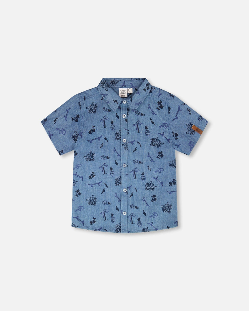 Chemise en chambray à manches courtes bleue imprimée Skateboard
