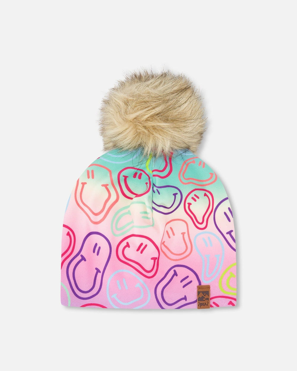 Stretch Jersey Hat Multicolored Printed Smileys With Pompom — Deux par Deux