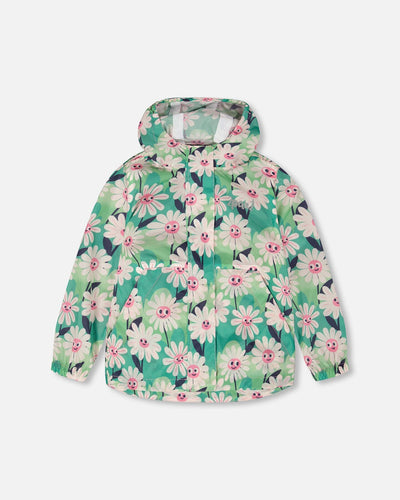 Coupe-vent compressible en polyester vert à imprimé fleurs souriantes