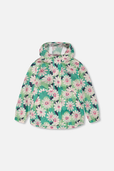Coupe-vent compressible en polyester vert à imprimé fleurs souriantes