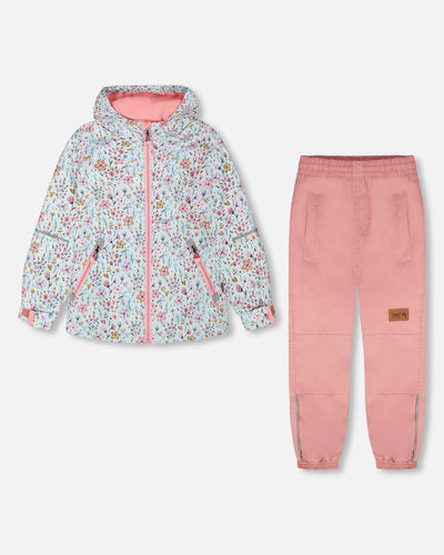 Ensemble deux pièces mi-saison motif petites fleurs bleues
