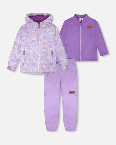 3-In-1 Two-Piece Mid-Season Outerwear With Solid Pants Set Purple Daisy Print
