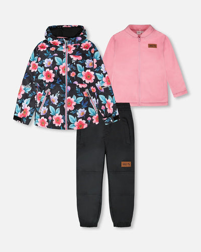 Ensemble 3-en-1 deux pièces mi-saison fleurs noires imprimées - Veste intérieure rose
