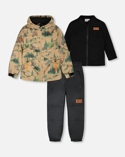 3-In-1 Two-Piece Mid-Season Outerwear Set Brown Motocross Print