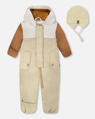 Vêtement d'extérieur une pièce avec chapeau pour bébé, mi-saison, beige