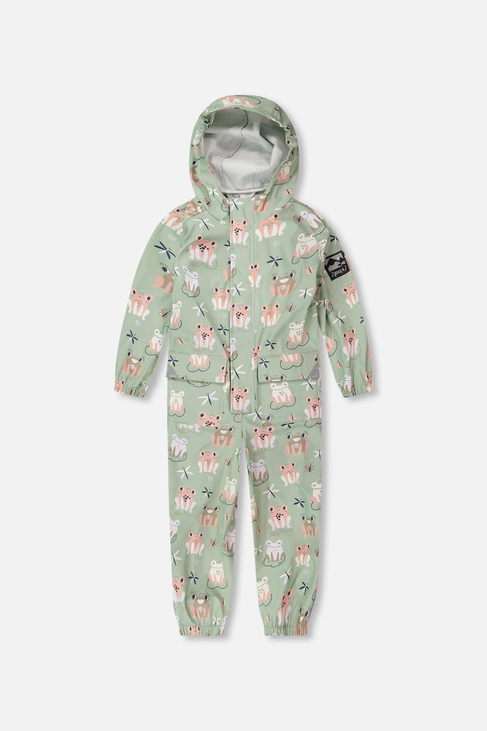Green rain jumpsuit with color-changing frogs print