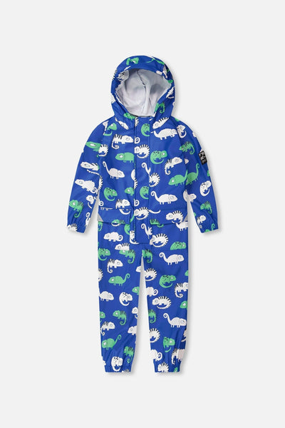 Blue rain jumpsuit with color-changing chameleon print