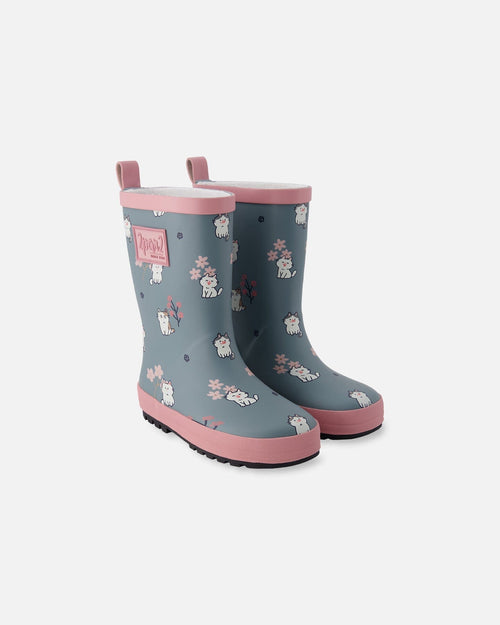 Rain Boots In Natural Rubber Green Cat Print