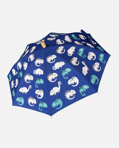 Parapluie changeant de couleur imprimé caméléon bleu