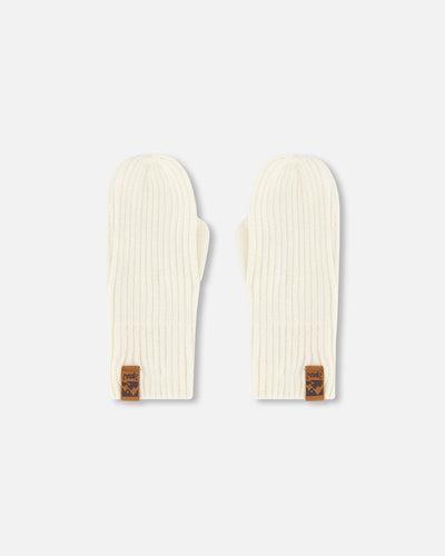 Ribbed Knit Mittens Off White