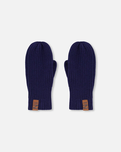 Ribbed Knit Mittens Navy Blue