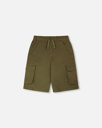 Bermuda en Sergé Extensible avec Poches Cargo Vert Kaki Foncé