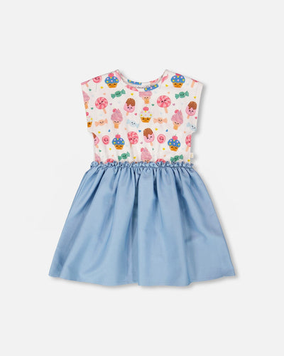 Bi-Material Dress White Candy Print