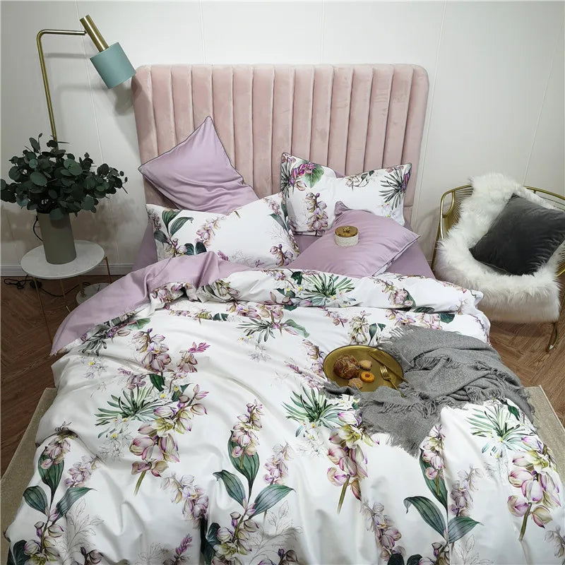 Parure de couette en coton floral Eden 600 TC - Blanc/Lilas