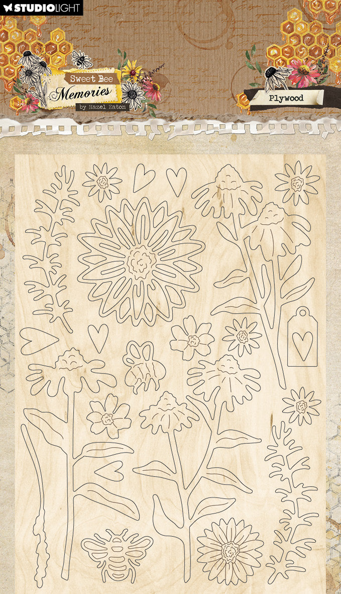 HE Éléments en contreplaqué Motifs floraux et grunge Souvenirs d'abeilles 3 pièces