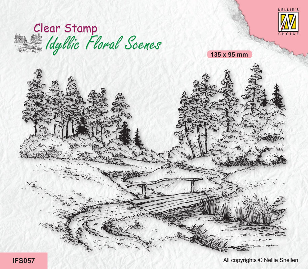 Nellie's Choice Tampon Transparent Scène Florale Idylle - Ruisseau avec Pont