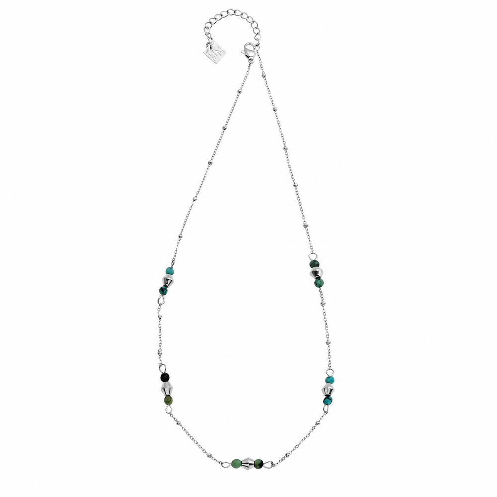IMANI : Collier délicat à perles mélangées avec pierres naturelles et métal plaqué or blanc (ton argenté)