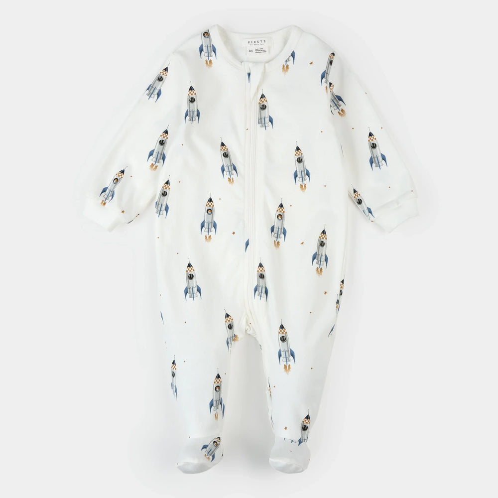 Rocket Print on Off White Footed Sleeper | Petit Lem