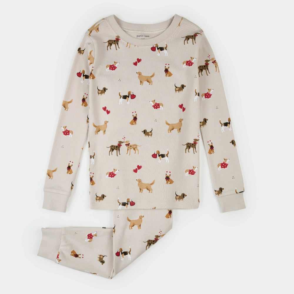 Puppy Love Print on Beige PJ Set | Petit Lem
