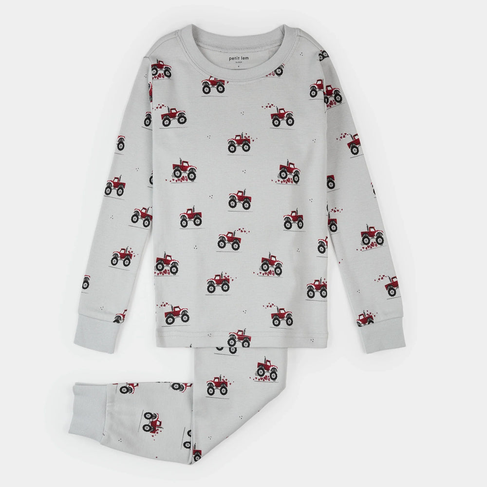 Monster Truck Love Print on Lunar Rock PJ Set | Petit Lem