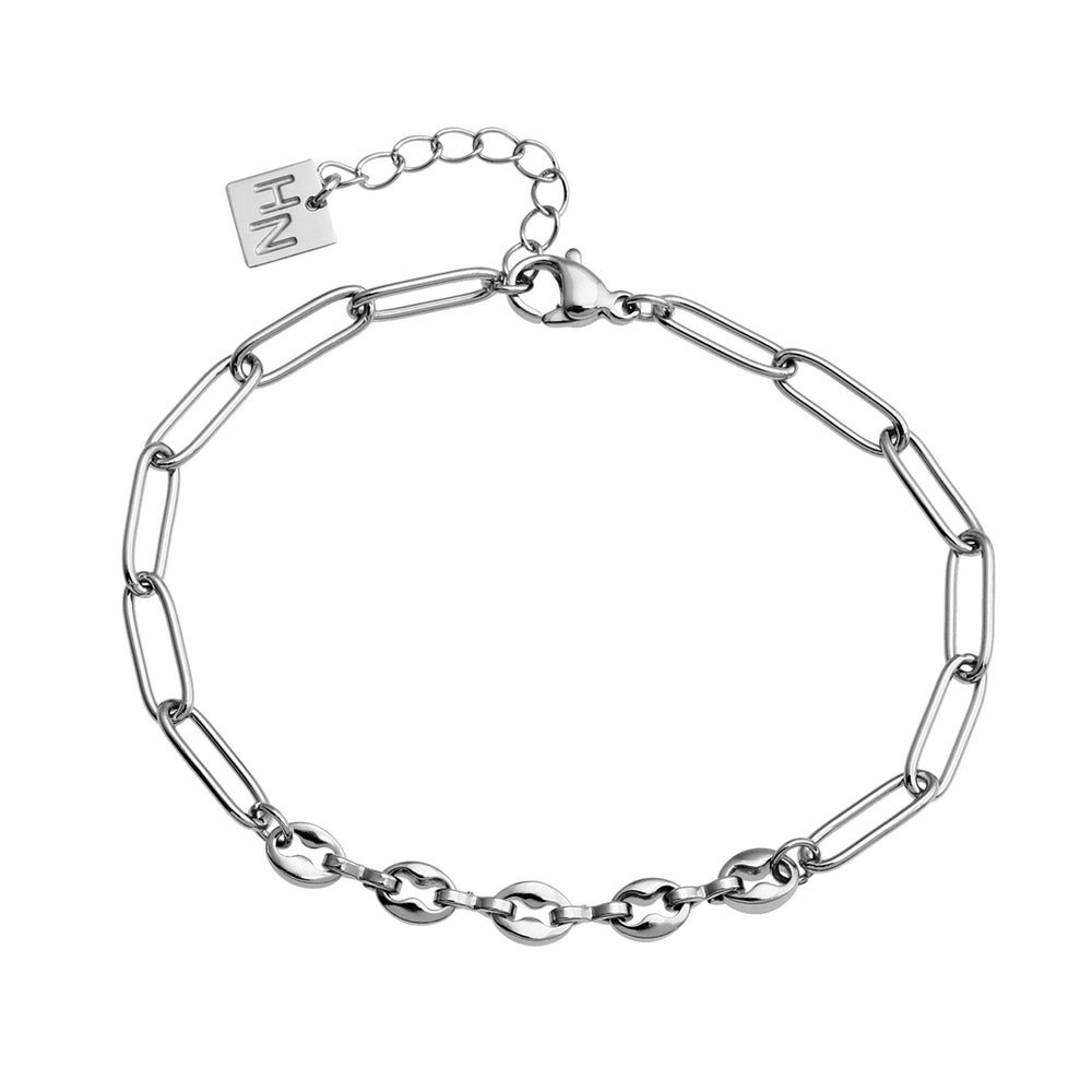 IZARA Argent (Or Blanc) : Bracelet Chaîne Maillons Carré & Perles Ovales – Bijou Minimaliste Moderne Affirmé