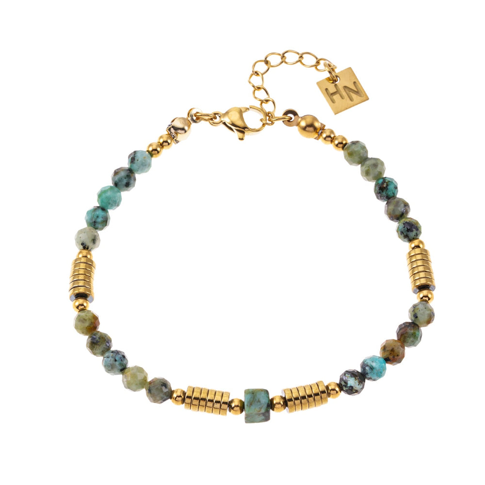 JEMIMA : Bracelet avec pierres d'Afrique Turquoise et perles dorées