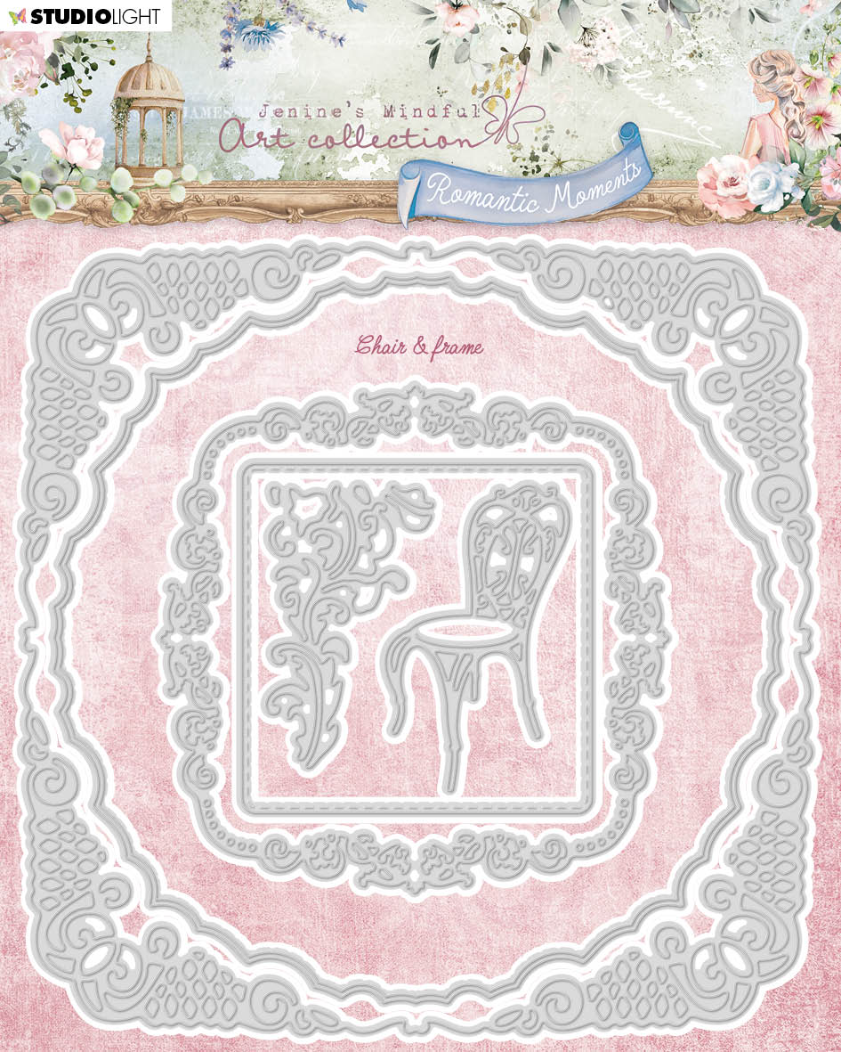 JMA Matrice de découpe Chaise & Cadre Moments Romantiques 150x150x1mm 6 pièces nr.572