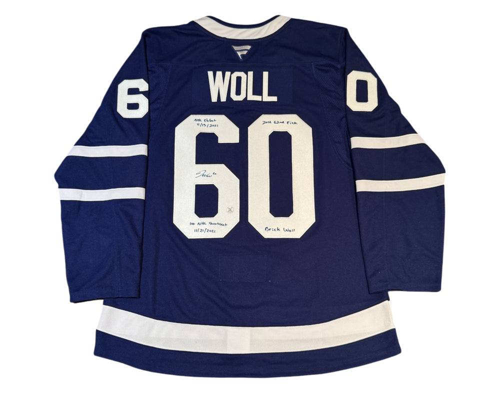 Maillot Joseph Woll autographié Fanatics Premium bleu domicile des Toronto Maple Leafs, multi-inscriptions
