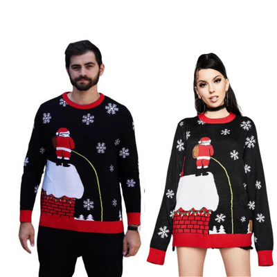 Couple - Pull de Noël humoristique motif toit qui fuit