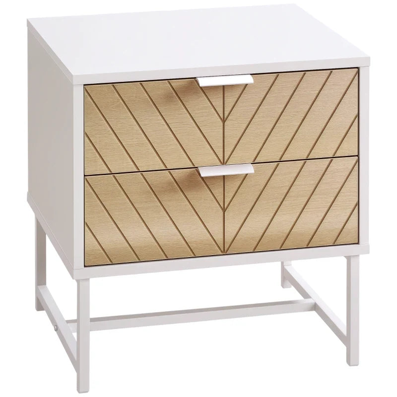 Table de chevet moderne Emery avec 2 tiroirs et pieds en acier - Blanc/Chêne