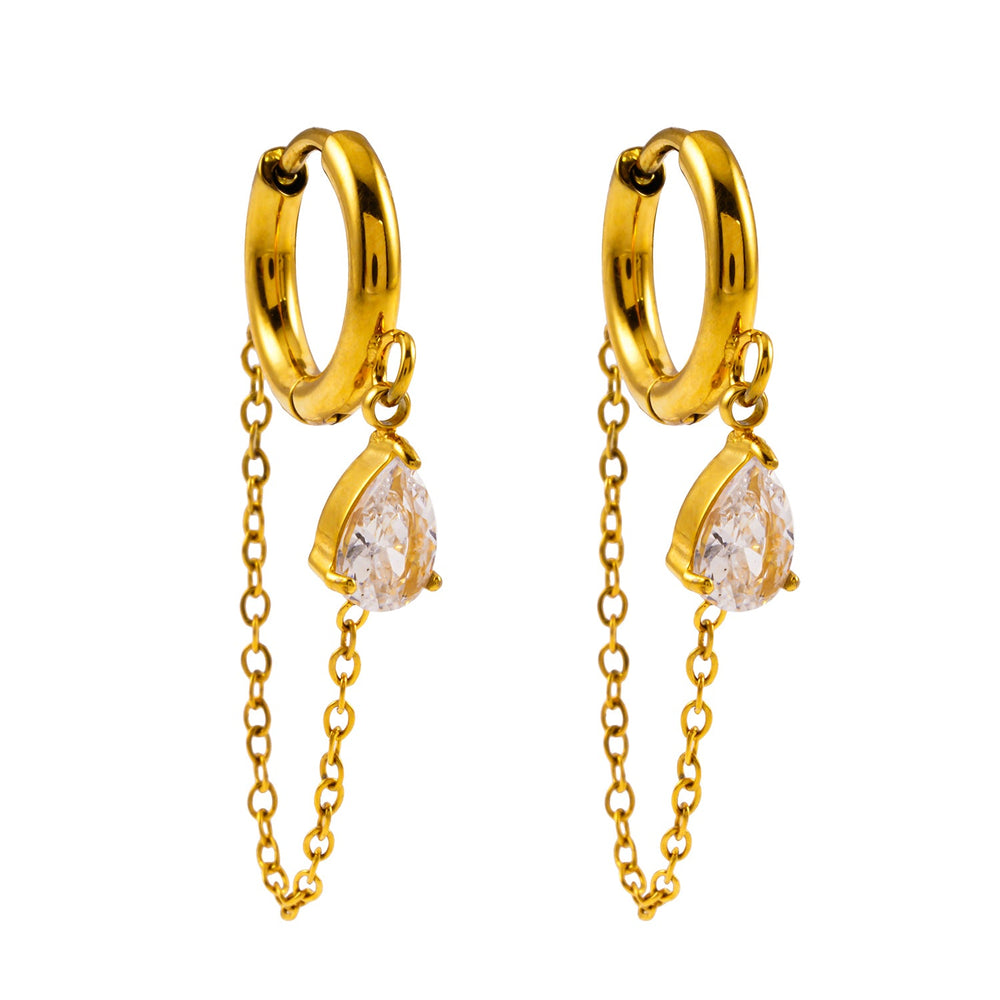 KAZUKA : Boucles d'oreilles créoles avec breloque en zircone en forme de poire et chaîne délicate