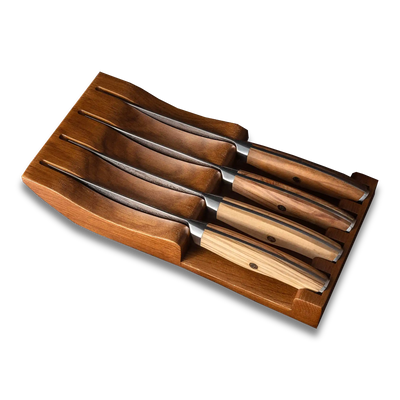 Ginza Steel AMELIA Five – 4-Piece VG10 Damascus Steel Steak Knife Set with Wood Block