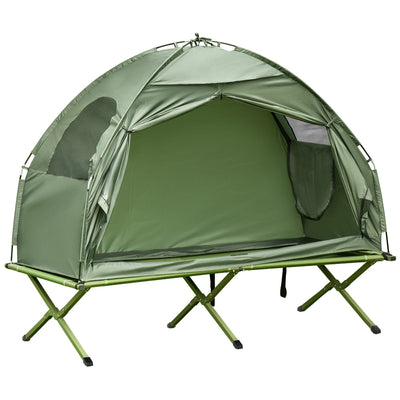 Lit de camp pop-up Outsunny avec tente combinée, ensemble portable pliant pour extérieur, lit surélevé, vert foncé