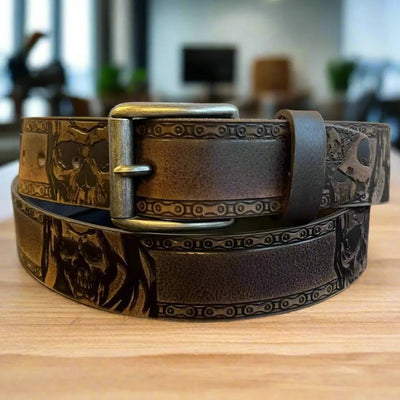 Ceinture motard Keldon en cuir pleine fleur pour homme. Motif chaîne de crâne gaufré avec boucle amovible