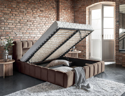 Lamica Upholstered LED Storage Platform Bed - Beige