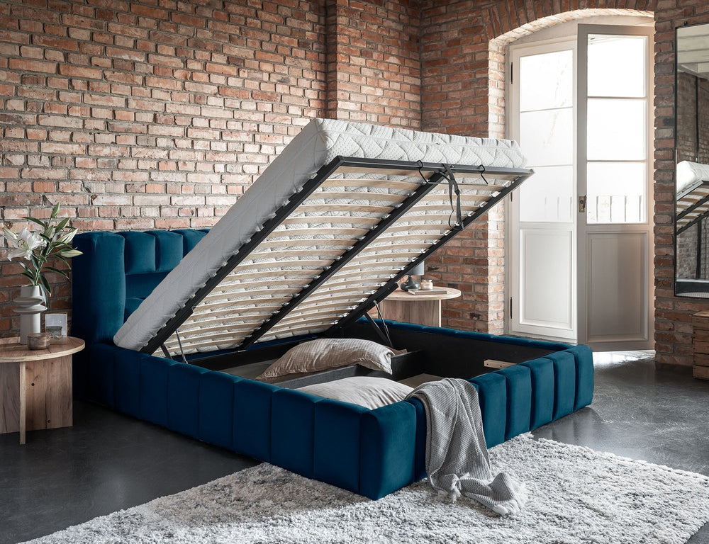 Lit plateforme de rangement Lamica rembourré avec LED - Bleu sarcelle