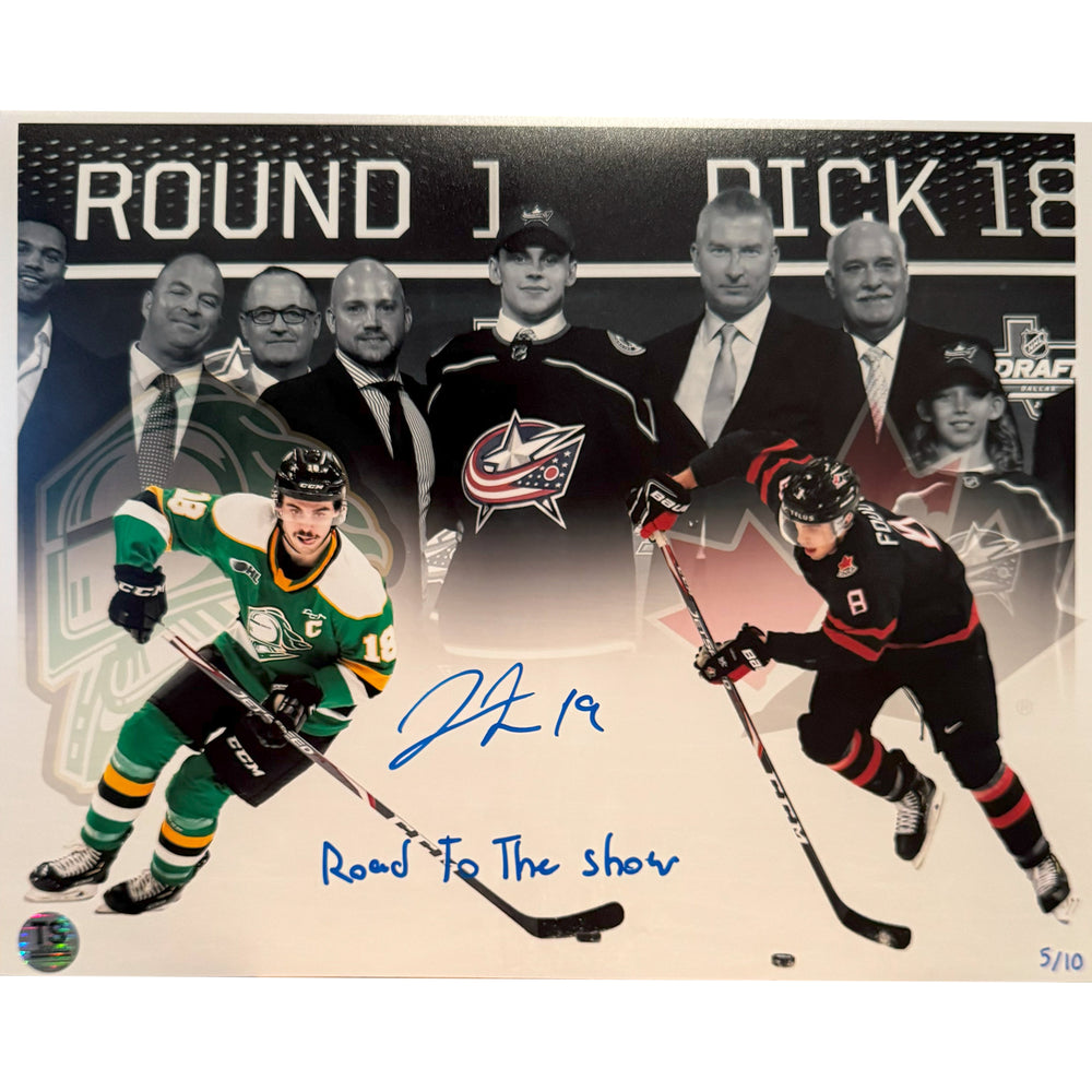 Liam Foudy Œuvre d'art autographiée 11x14 "Road To The Show" LE/10 Photo dédicacée