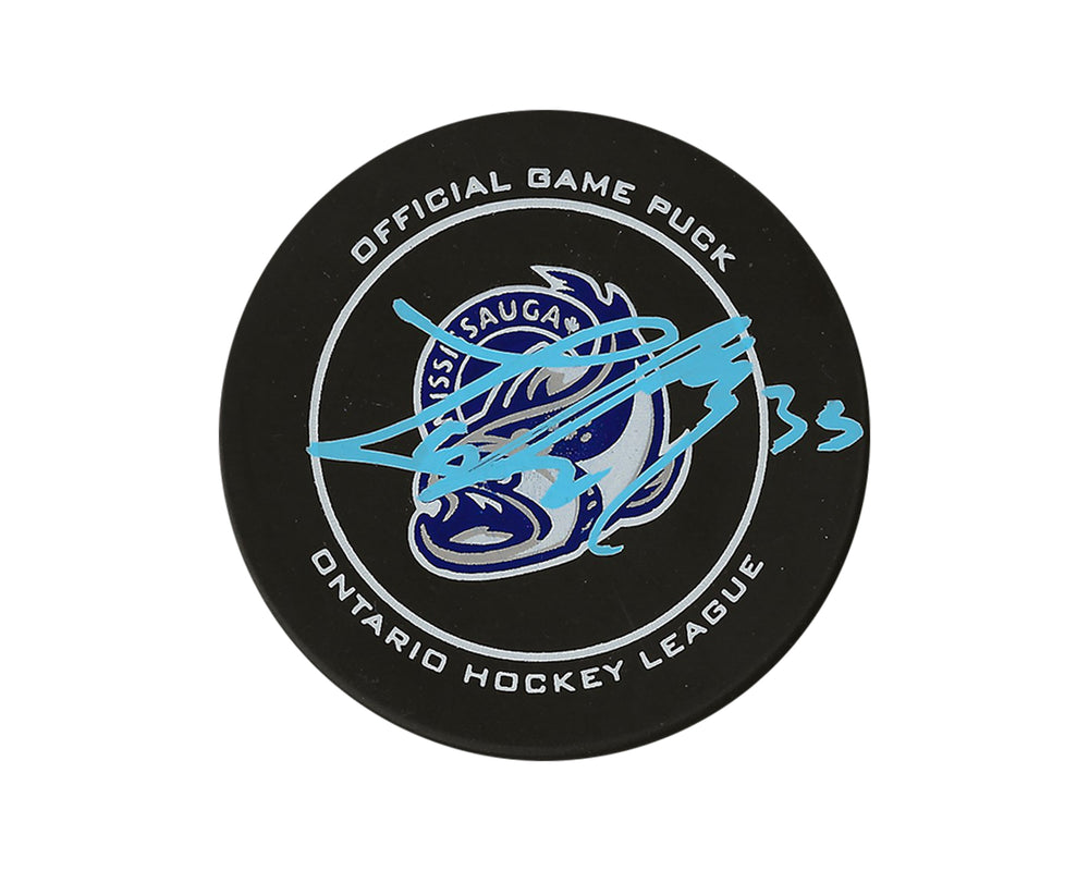 Palet de match officiel des Steelheads de Mississauga, autographié par Luke Misa