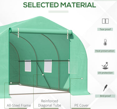 Outsunny 15' x 10' x 7' Walk-in Greenhouse Outdoor Plant Tunnel Warm Hot House w/ Roll Up Door and 6 Mesh Windows, Steel Frame, Green