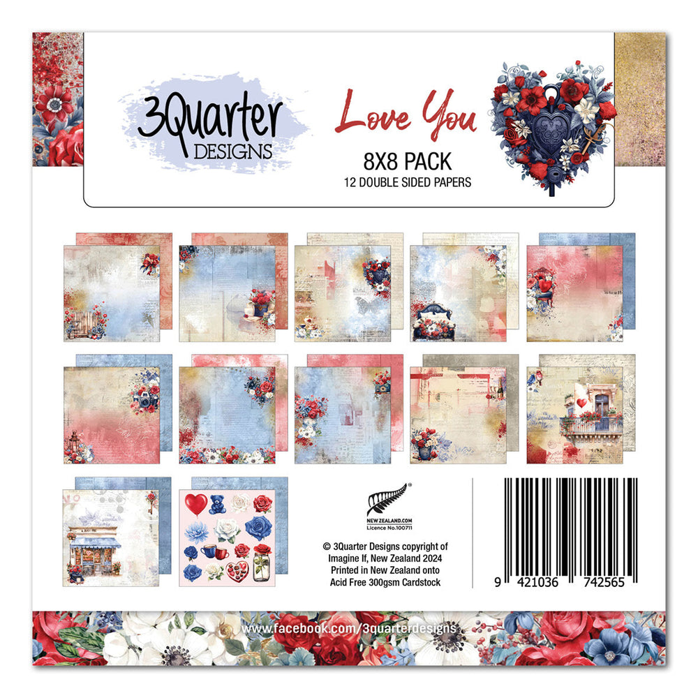Pack de Papiers Love You 8x8 3Quarter Designs