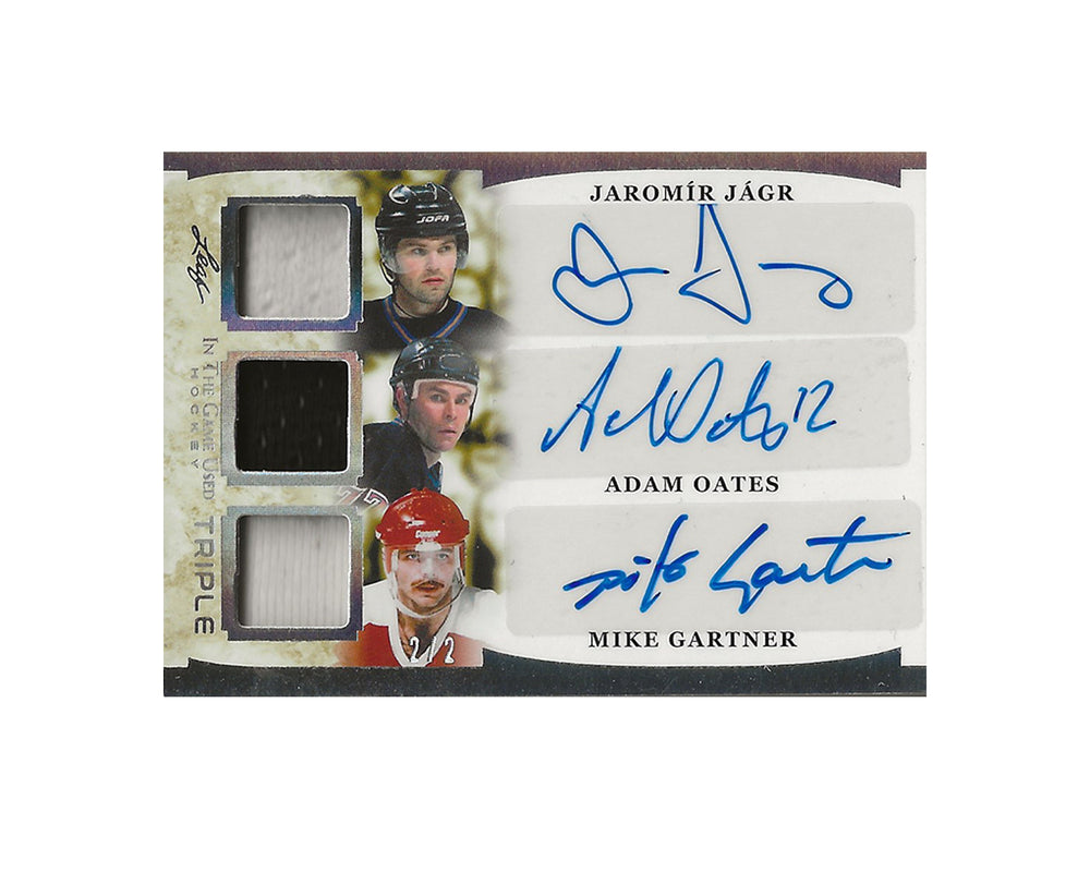 Carte de hockey Jaromir Jagr, Adam Oates & Mike Gartner 2023 Leaf In The Game Triple Auto Maillot 2/2