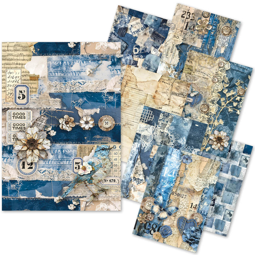 Pack de papier A5 Craftmix Urban Blue Denim mélangé - 8 feuilles (assortiment de papier de soie et de vélin)