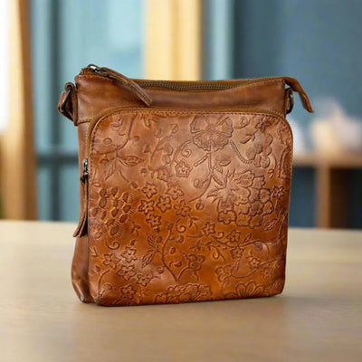 Sac à bandoulière en cuir véritable MET pour femme. Sac à main floral gaufré de haute qualité