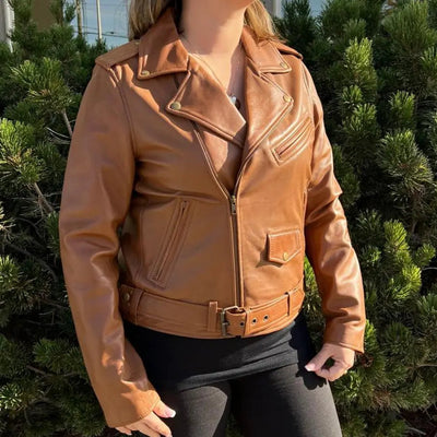Women's Lamb Leather Biker Style Jacket with Belt
